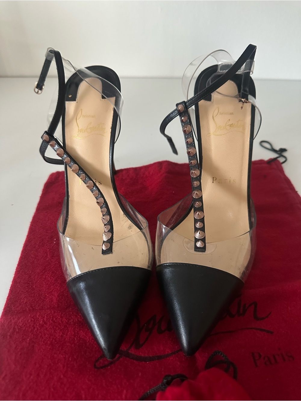 Christian Louboutin Black and Nude T-Strap Pointed Toe Pumps - Picture 3 of 10